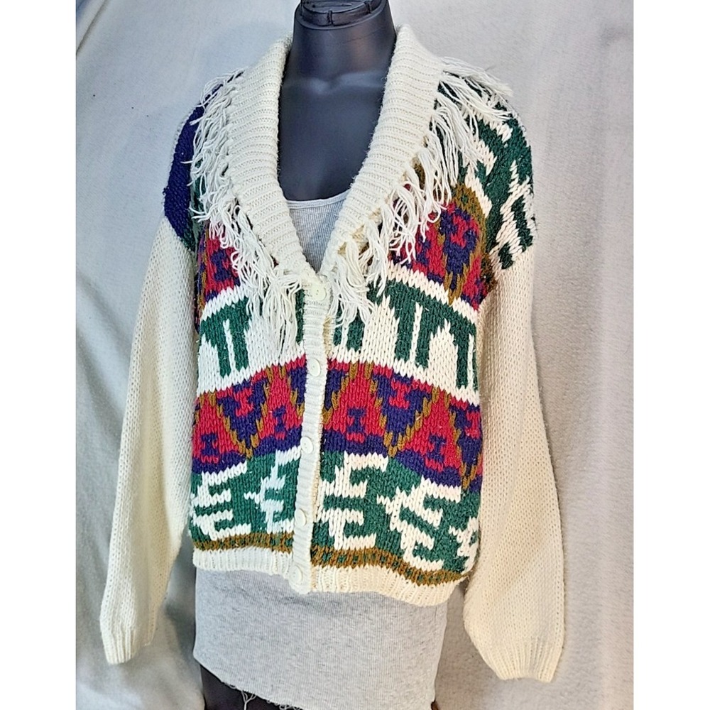 Vintage Nuggets Fringe Cardigan Sweater Size Large Button Hippie Tribal Boho